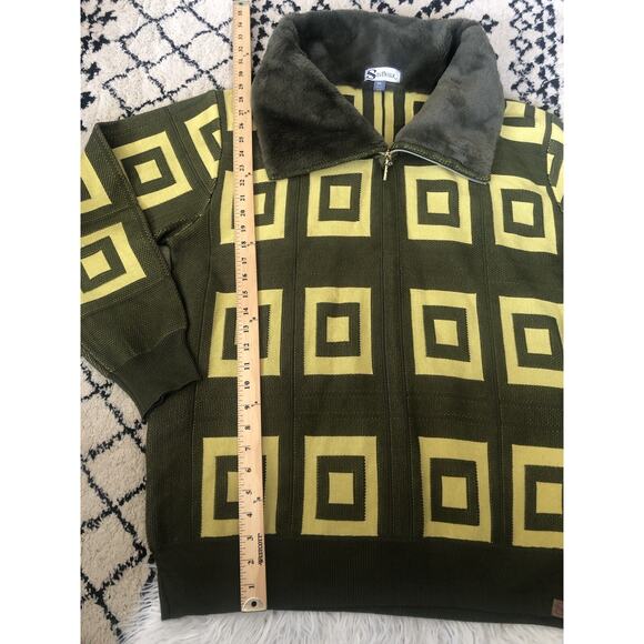 Silversilk Men XXL Green Pattern Squares Full Zip Sweater Faux Fur Collar. R - Picture 2 of 8